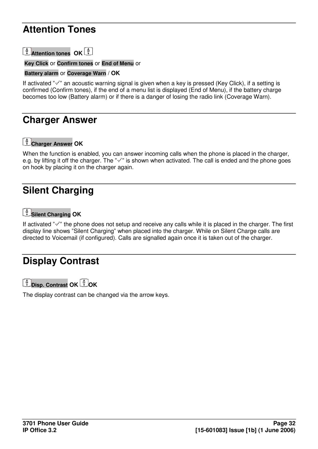 Avaya 15-601083 manual Charger Answer, Silent Charging, Display Contrast 