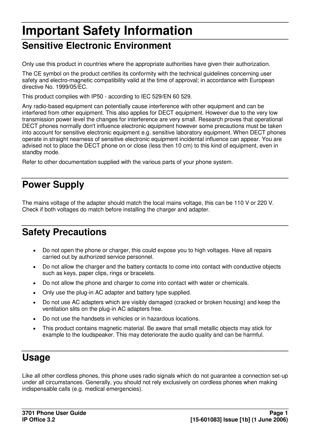 Avaya 15-601083 Important Safety Information, Sensitive Electronic Environment, Power Supply, Safety Precautions, Usage 