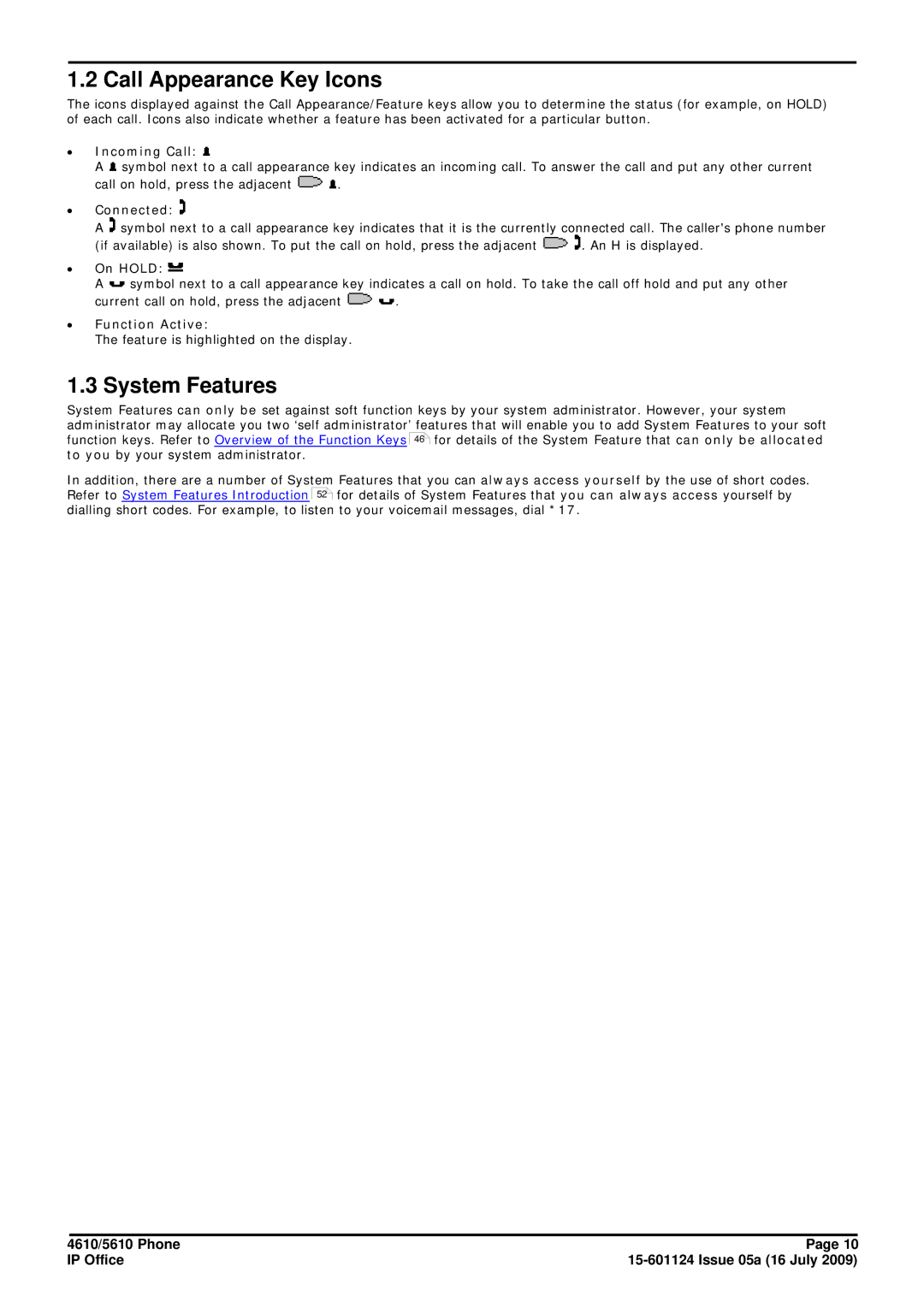 Avaya 15-601124 manual Call Appearance Key Icons, System Features 