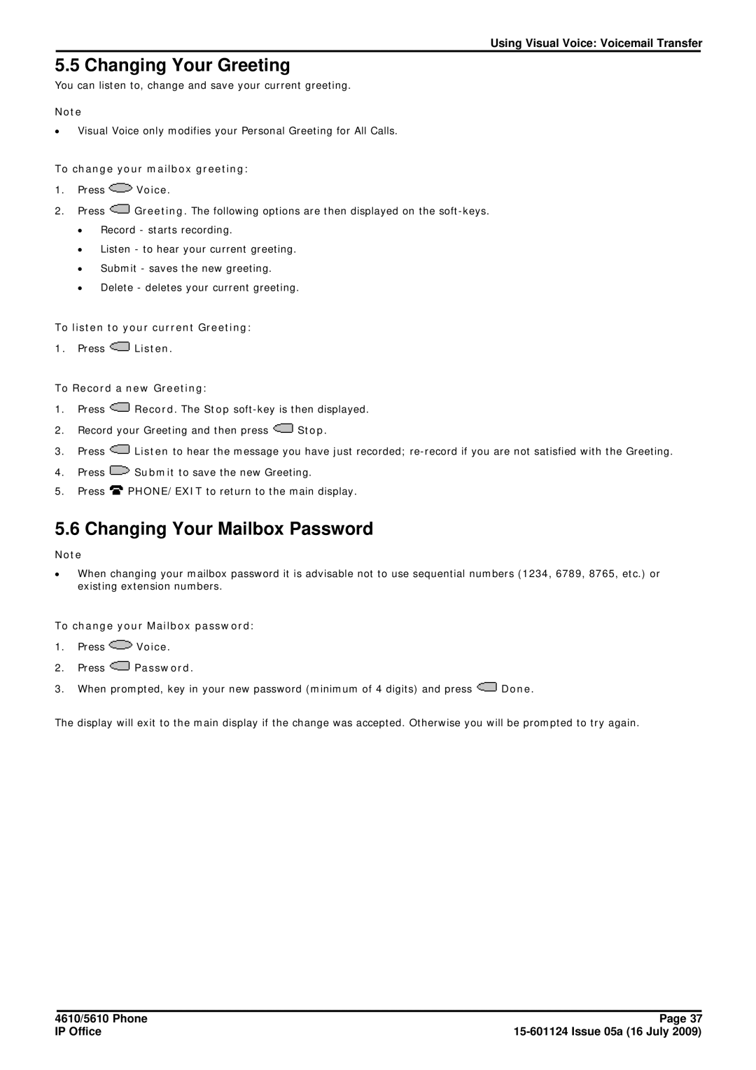 Avaya 15-601124 Changing Your Greeting, Changing Your Mailbox Password, To change your mailbox greeting, Press Password 