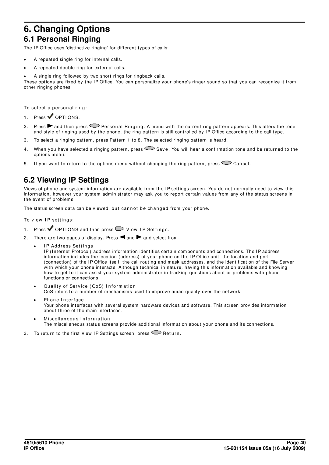 Avaya 15-601124 manual Changing Options, Personal Ringing, Viewing IP Settings 