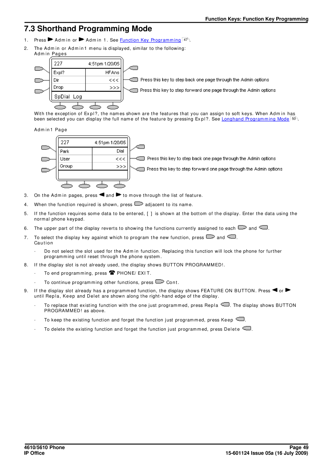 Avaya 15-601124 manual Shorthand Programming Mode, Admin Pages, Admin1 