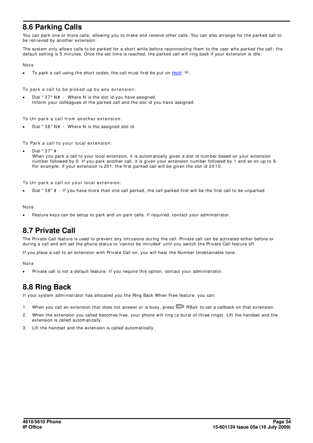 Avaya 15-601124 manual Parking Calls, Private Call, Ring Back 