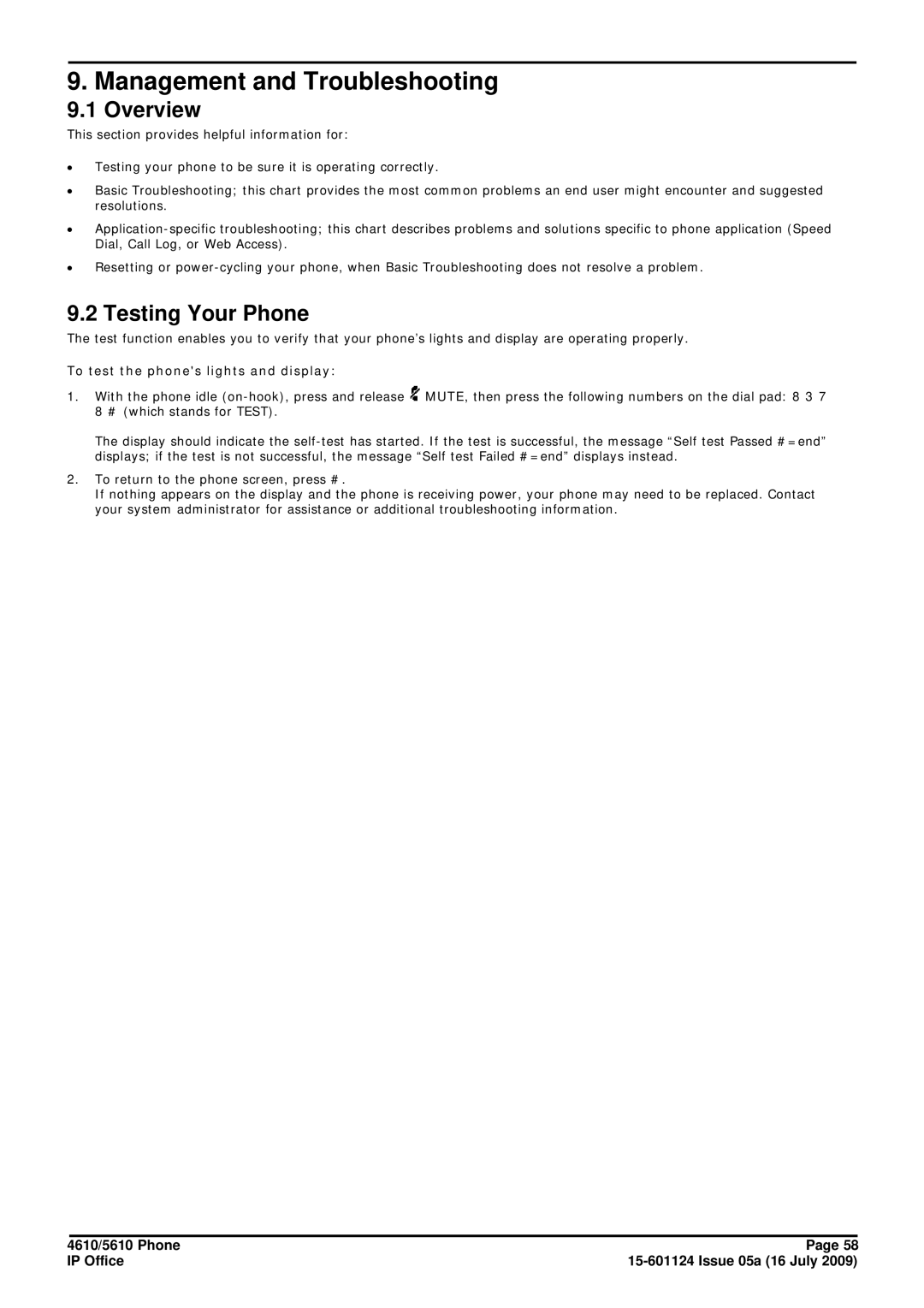 Avaya 15-601124 manual Management and Troubleshooting, Overview, Testing Your Phone, To test the phones lights and display 