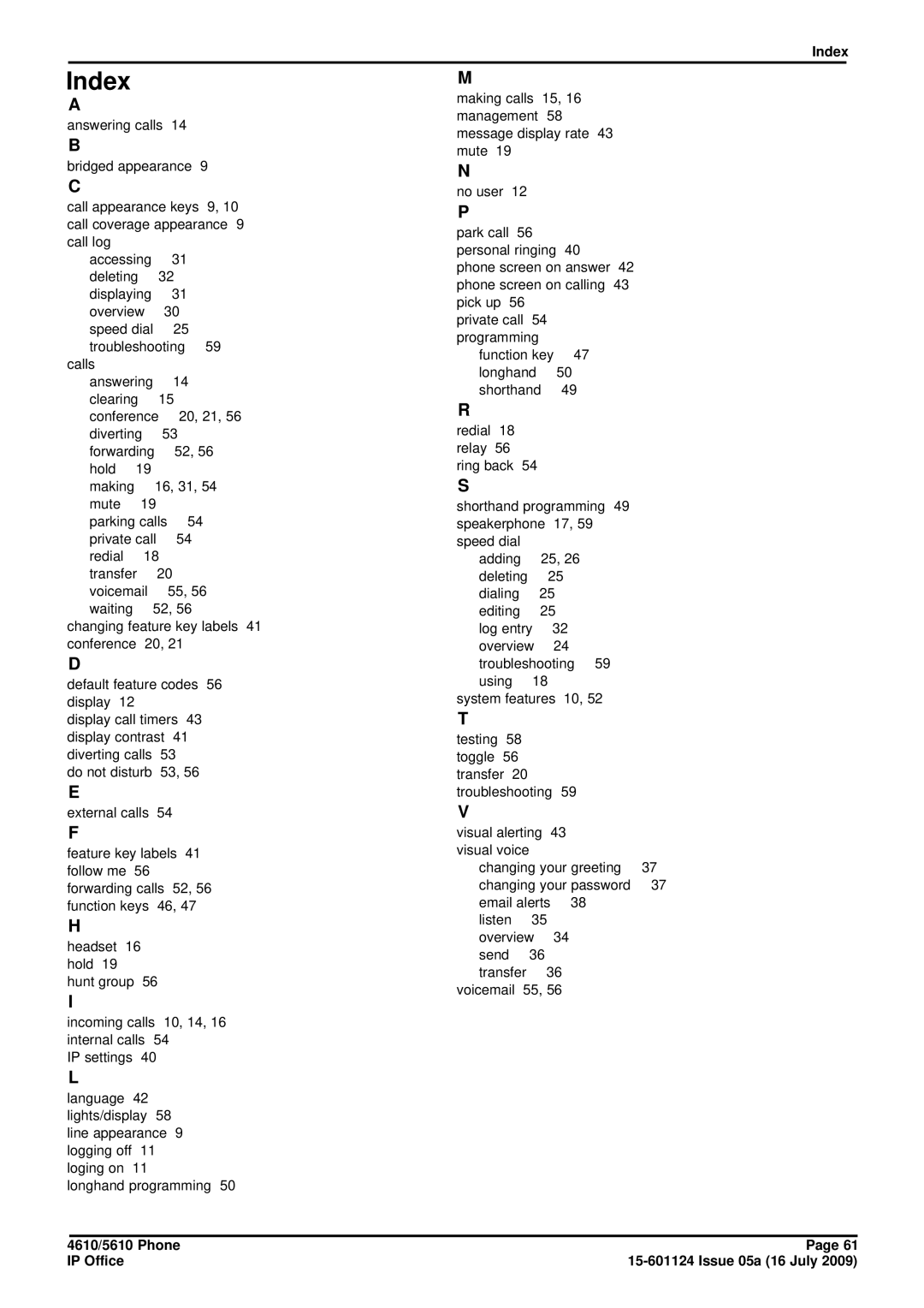 Avaya 15-601124 manual Index 