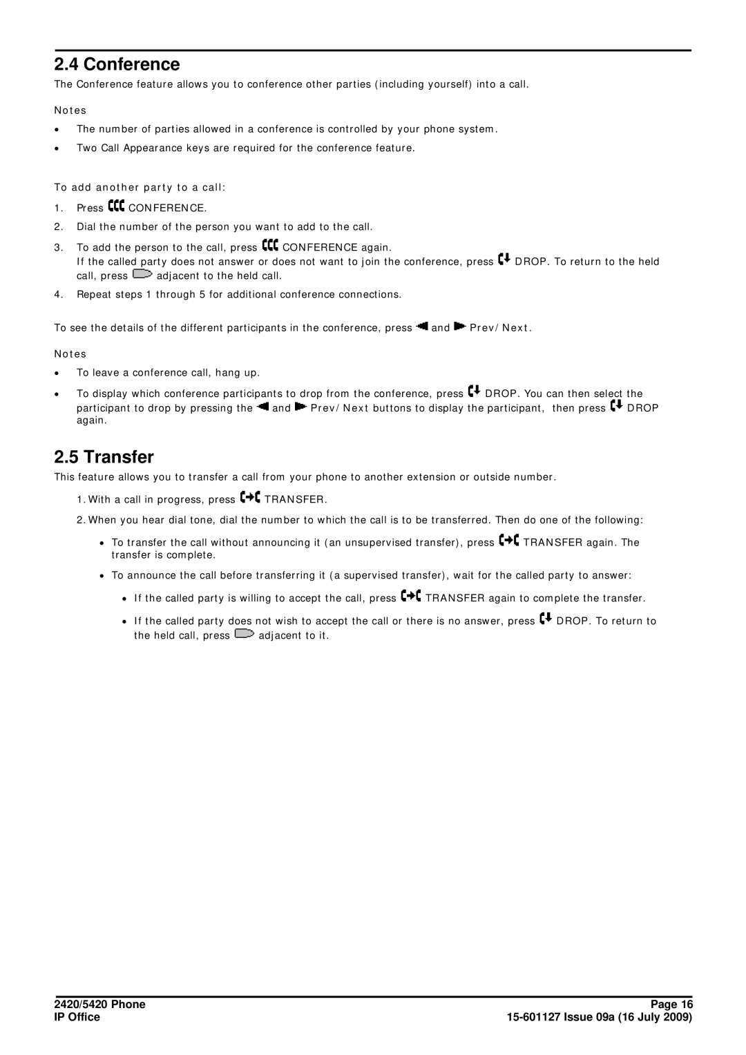 Avaya 15-601127 manual Transfer, To add another party to a call Press Conference 