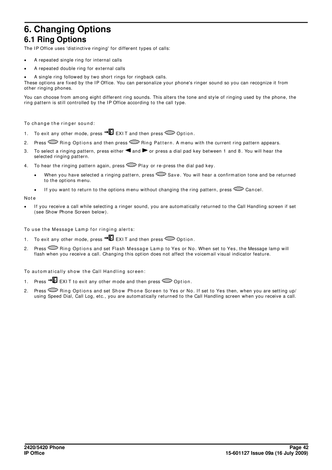 Avaya 15-601127 Changing Options, Ring Options, To change the ringer sound, To use the Message Lamp for ringing alerts 