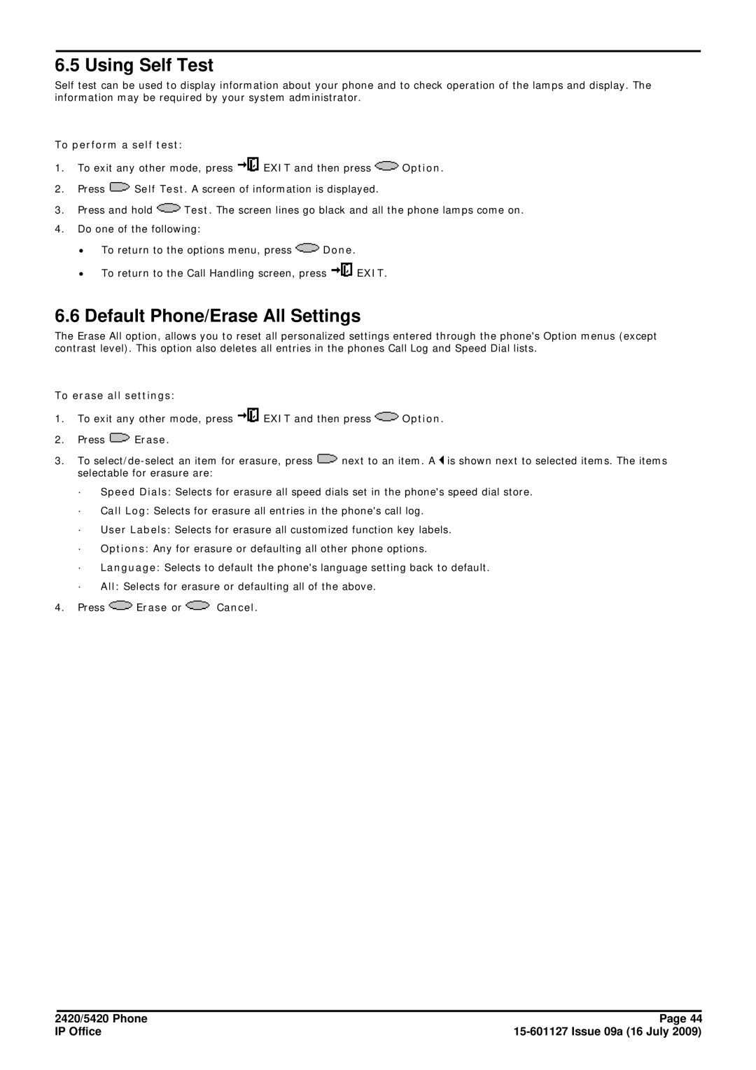 Avaya 15-601127 manual Using Self Test, Default Phone/Erase All Settings 