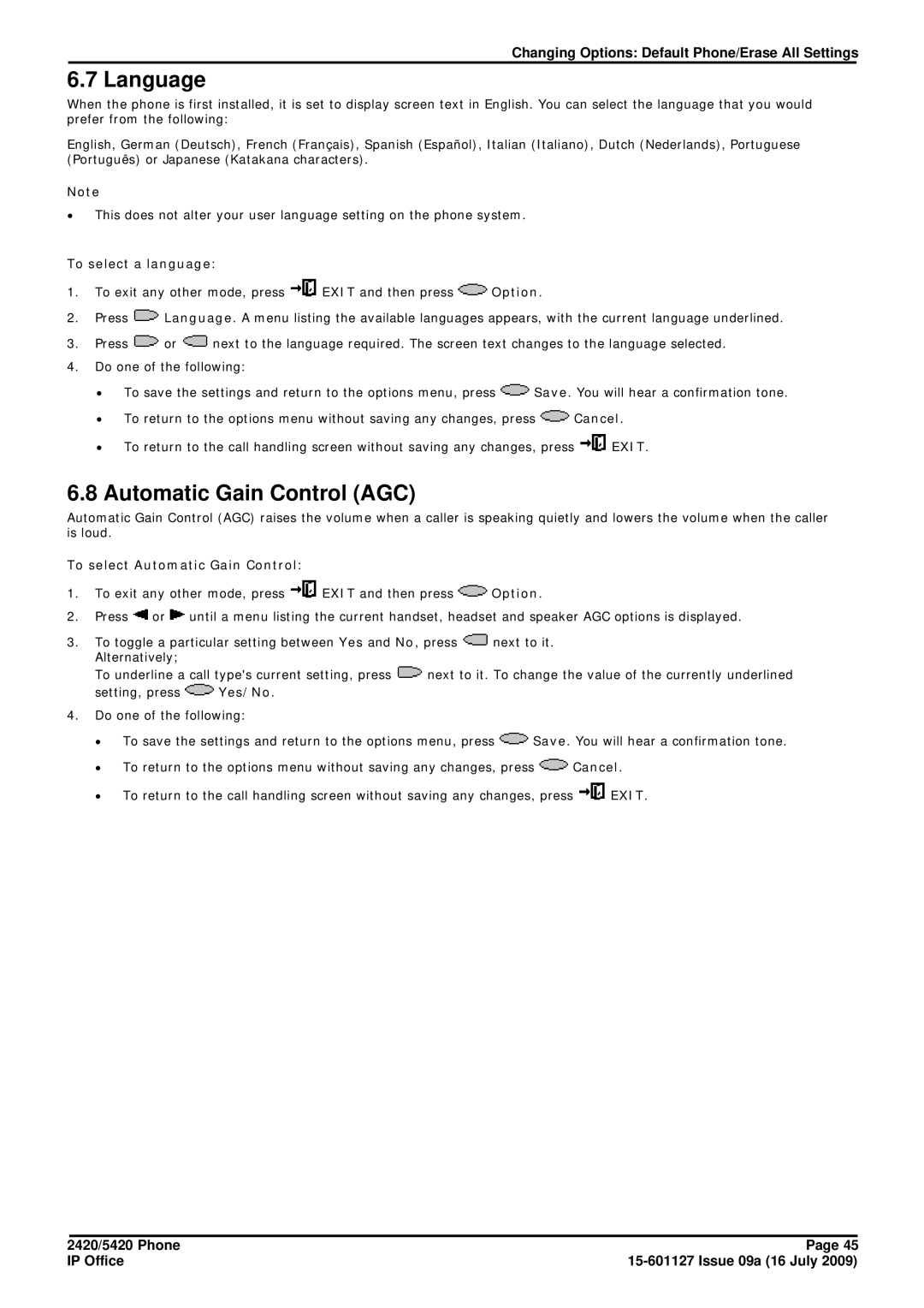 Avaya 15-601127 manual Language, Automatic Gain Control AGC, To select a language, To select Automatic Gain Control 