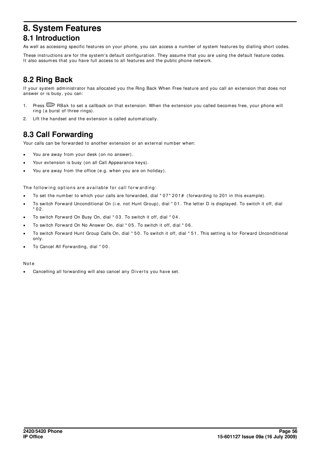 Avaya 15-601127 manual System Features, Introduction, Ring Back, Call Forwarding 