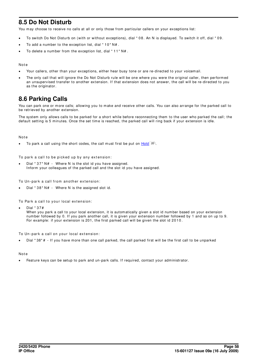 Avaya 15-601127 manual Do Not Disturb, Parking Calls 