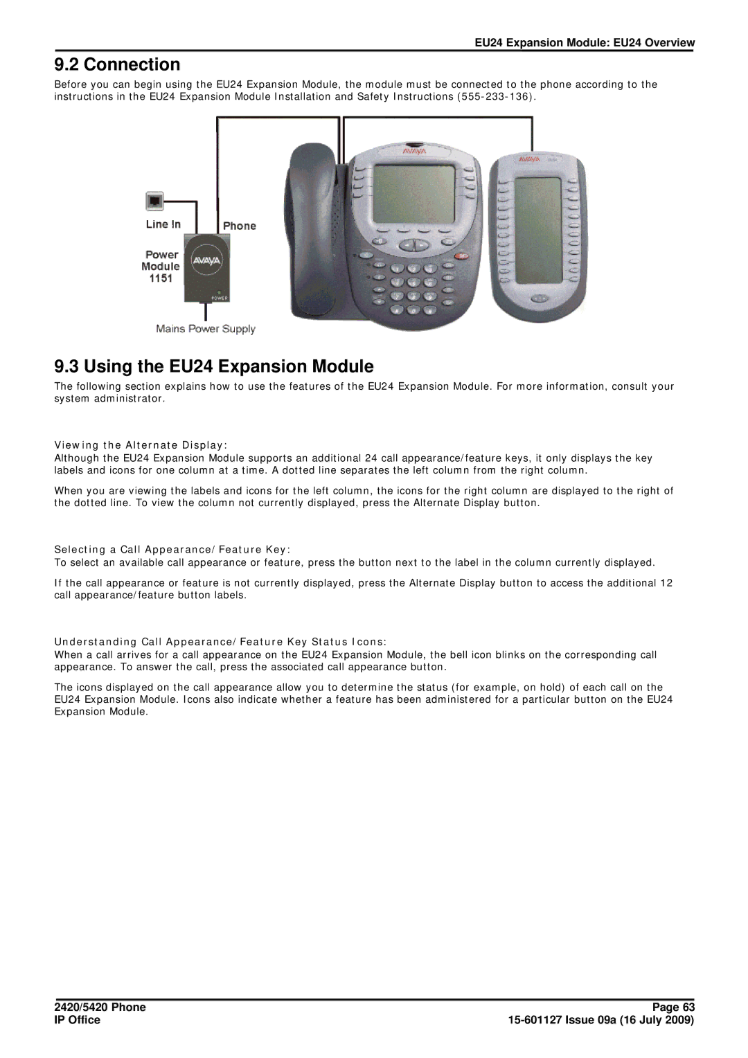 Avaya 15-601127 manual Connection, Using the EU24 Expansion Module, Viewing the Alternate Display 