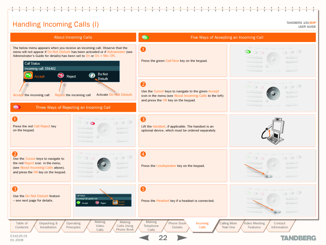 Avaya 150 MXP manual Handling Incoming Calls, Three Ways of Rejecting an Incoming Call, Accept, Incominging, Callsls 