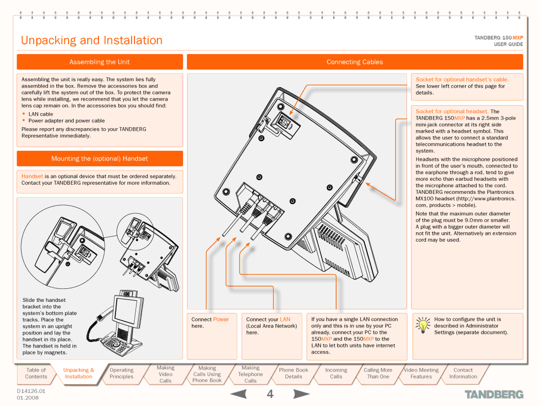 Avaya 150 MXP Assembling the Unit Connecting Cables, Mounting the optional Handset, Socket for optional handset’s cable 