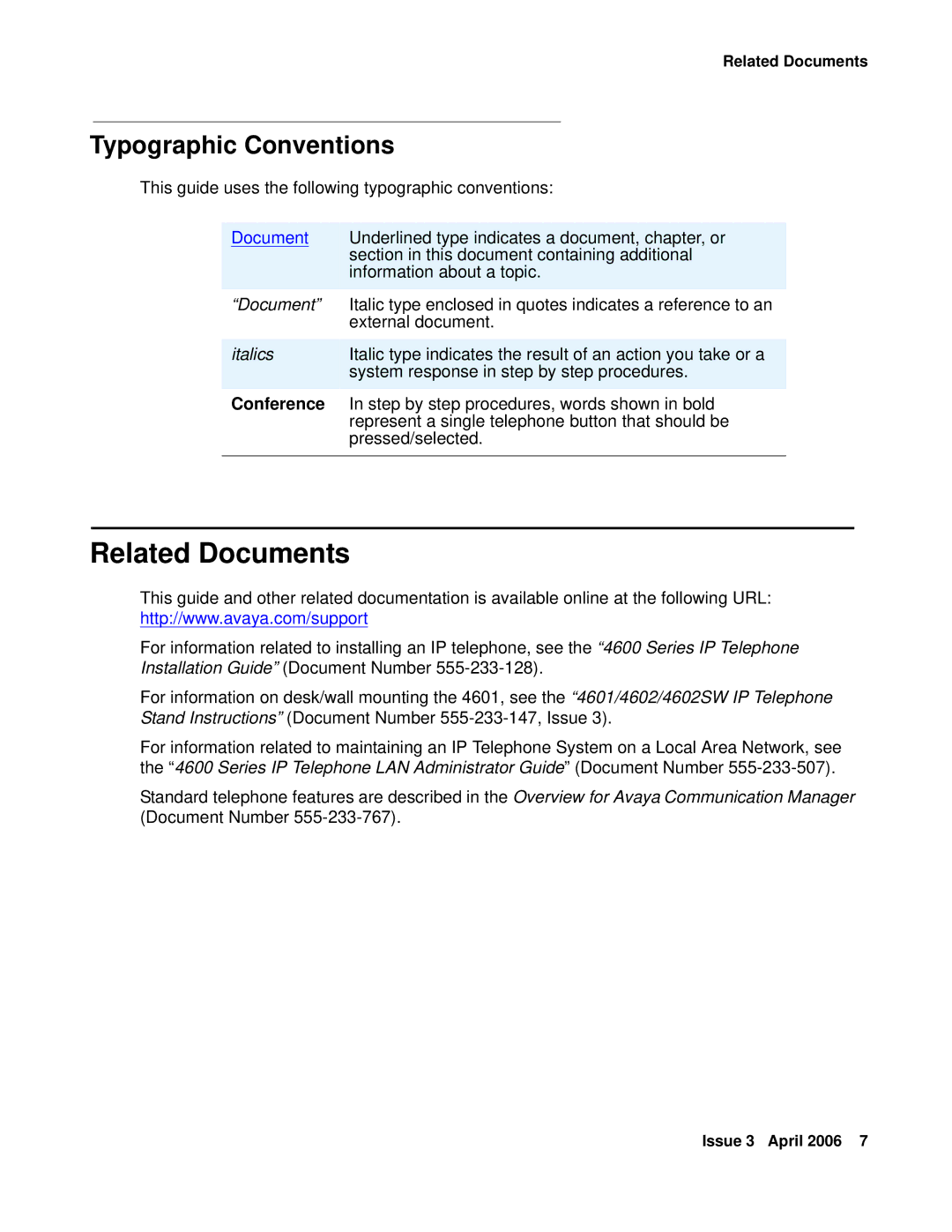 Avaya 03-600759, 16-300043 manual Related Documents, Typographic Conventions, Conference 