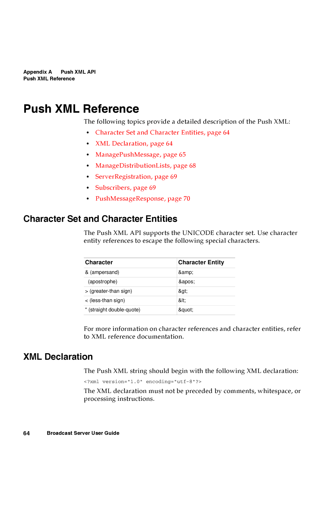 Avaya 16-300272 manual Push XML Reference, Character Set and Character Entities, XML Declaration 