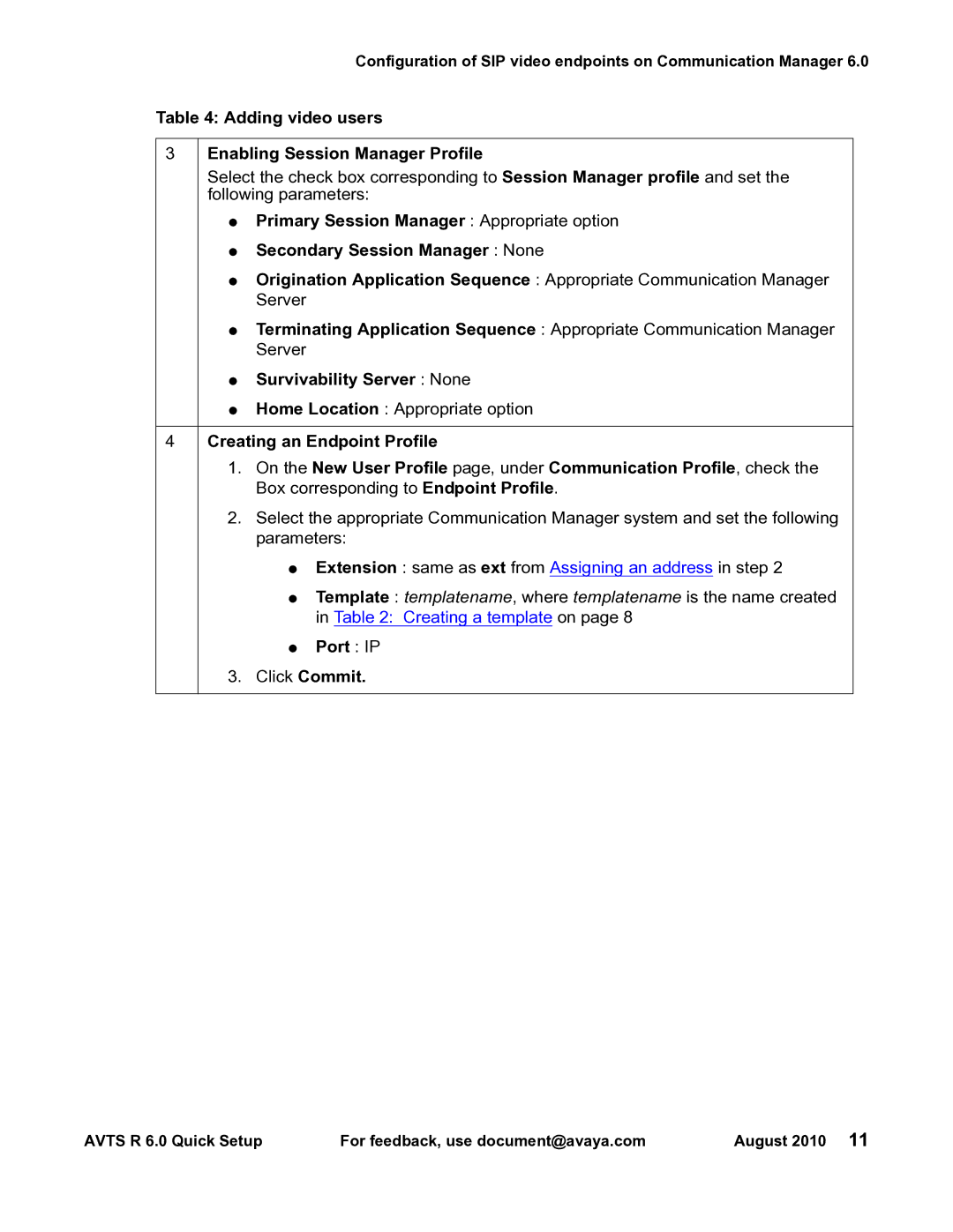 Avaya 16-300310 Adding video users, Enabling Session Manager Profile, Survivability Server None, Port IP Click Commit 