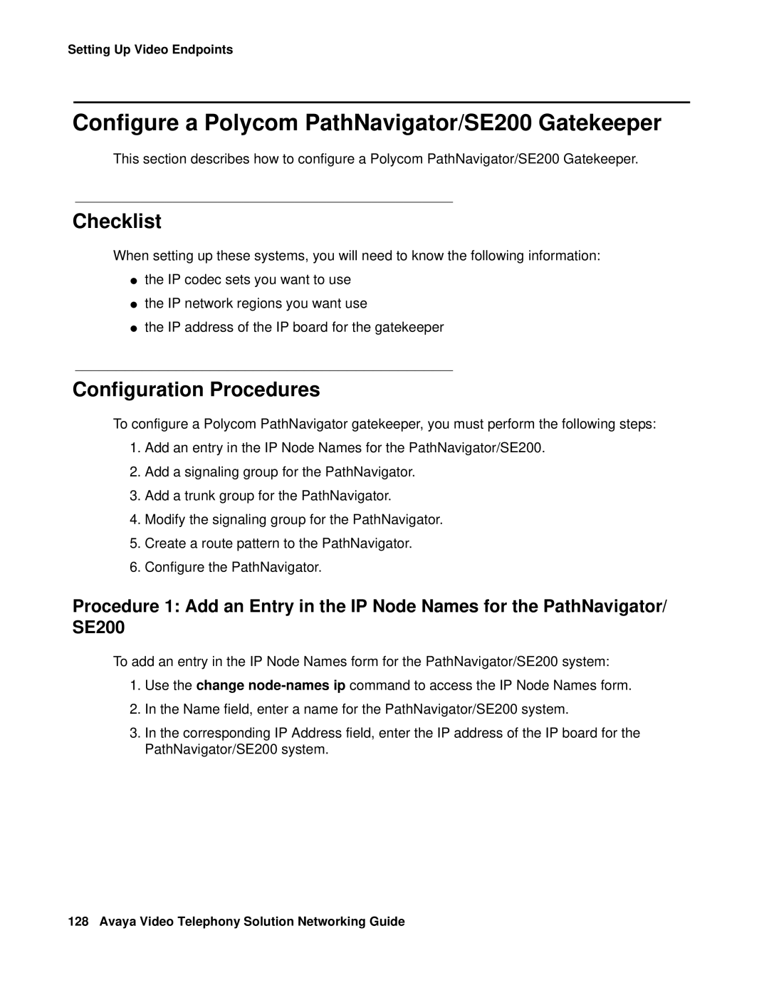 Avaya 16-601423 manual Configure a Polycom PathNavigator/SE200 Gatekeeper, Checklist 