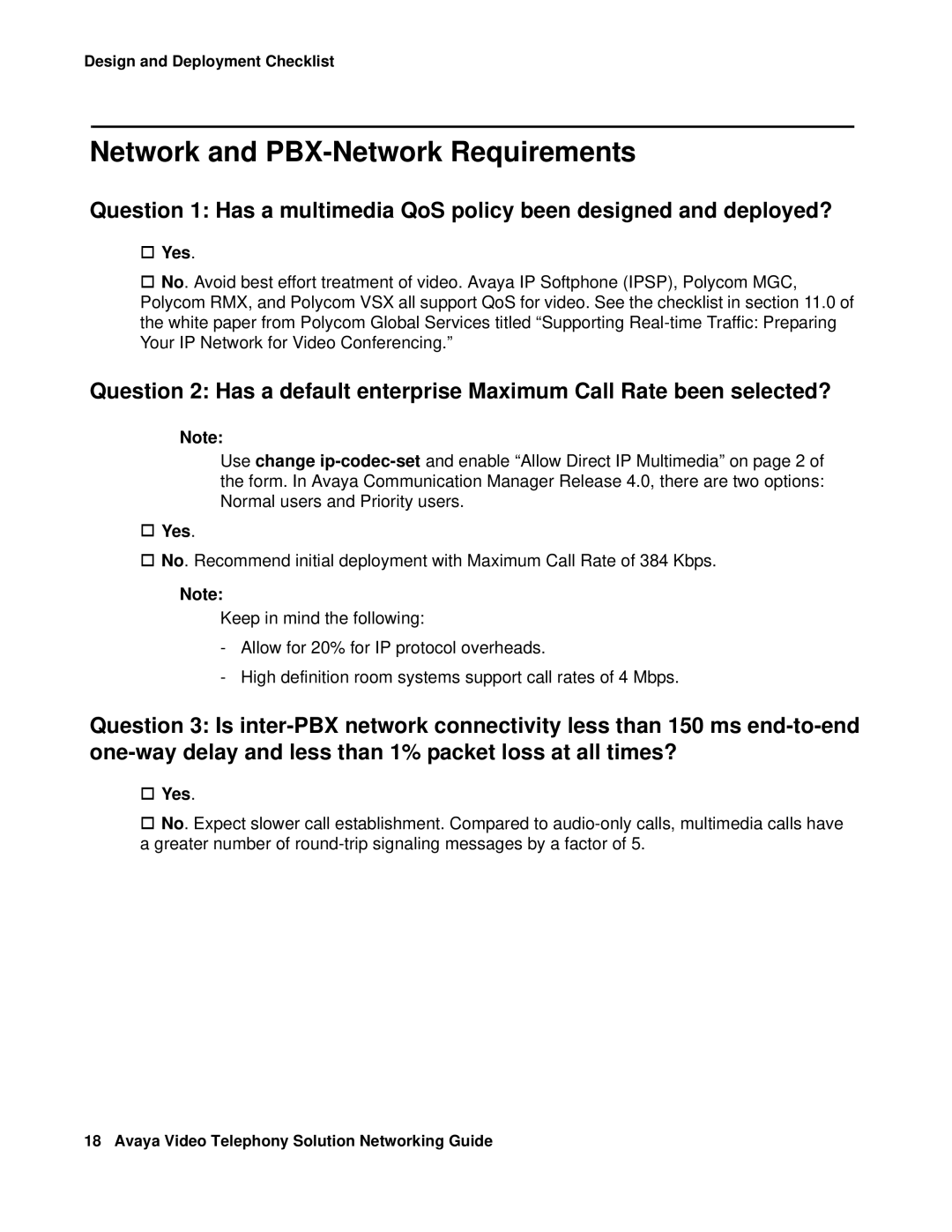 Avaya 16-601423 manual Network and PBX-Network Requirements, † Yes 