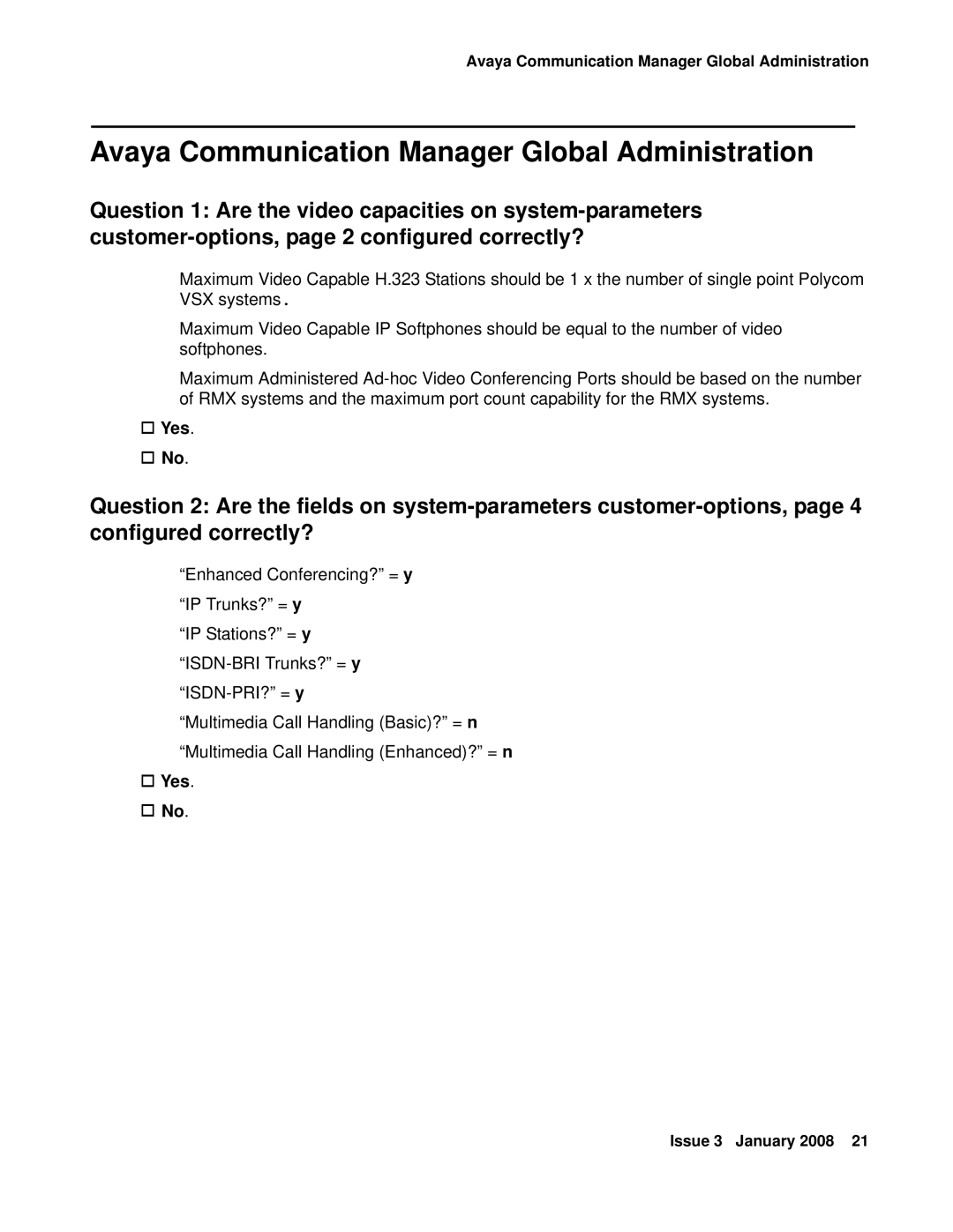 Avaya 16-601423 manual Avaya Communication Manager Global Administration, † Yes † No 