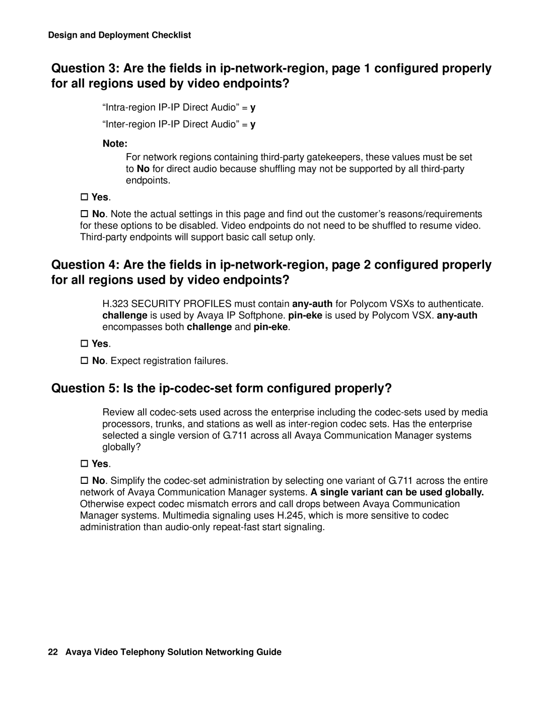 Avaya 16-601423 manual Question 5 Is the ip-codec-set form configured properly? 