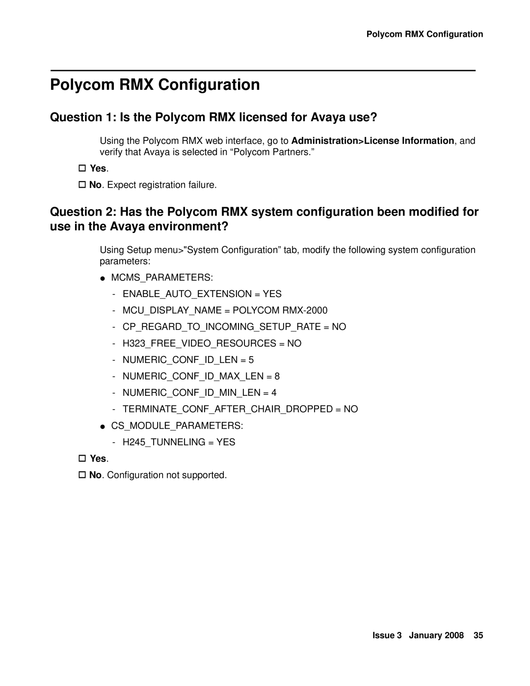 Avaya 16-601423 manual Polycom RMX Configuration, Question 1 Is the Polycom RMX licensed for Avaya use? 