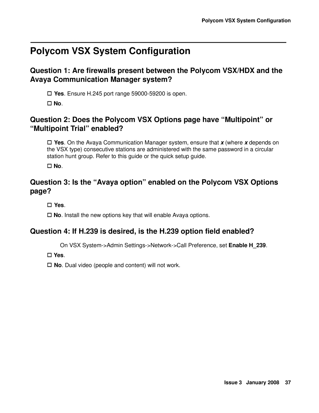 Avaya 16-601423 manual Polycom VSX System Configuration, † No 