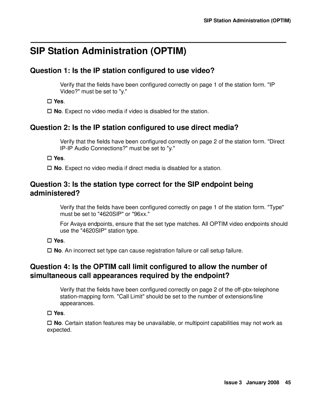 Avaya 16-601423 manual SIP Station Administration Optim, Question 1 Is the IP station configured to use video? 