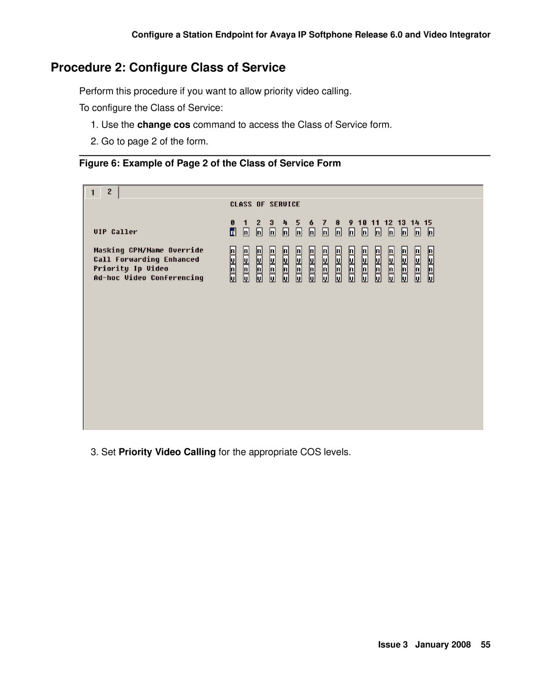 Avaya 16-601423 manual Procedure 2 Configure Class of Service, Example of Page 2 of the Class of Service Form 