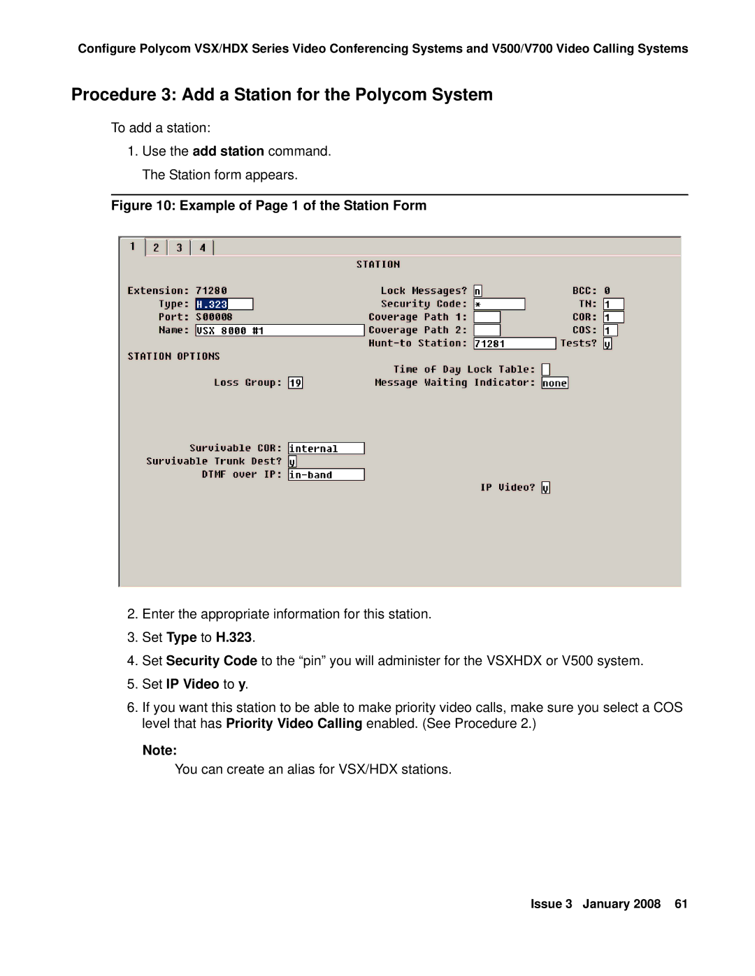 Avaya 16-601423 manual Procedure 3 Add a Station for the Polycom System, Set Type to H.323, Set IP Video to y 