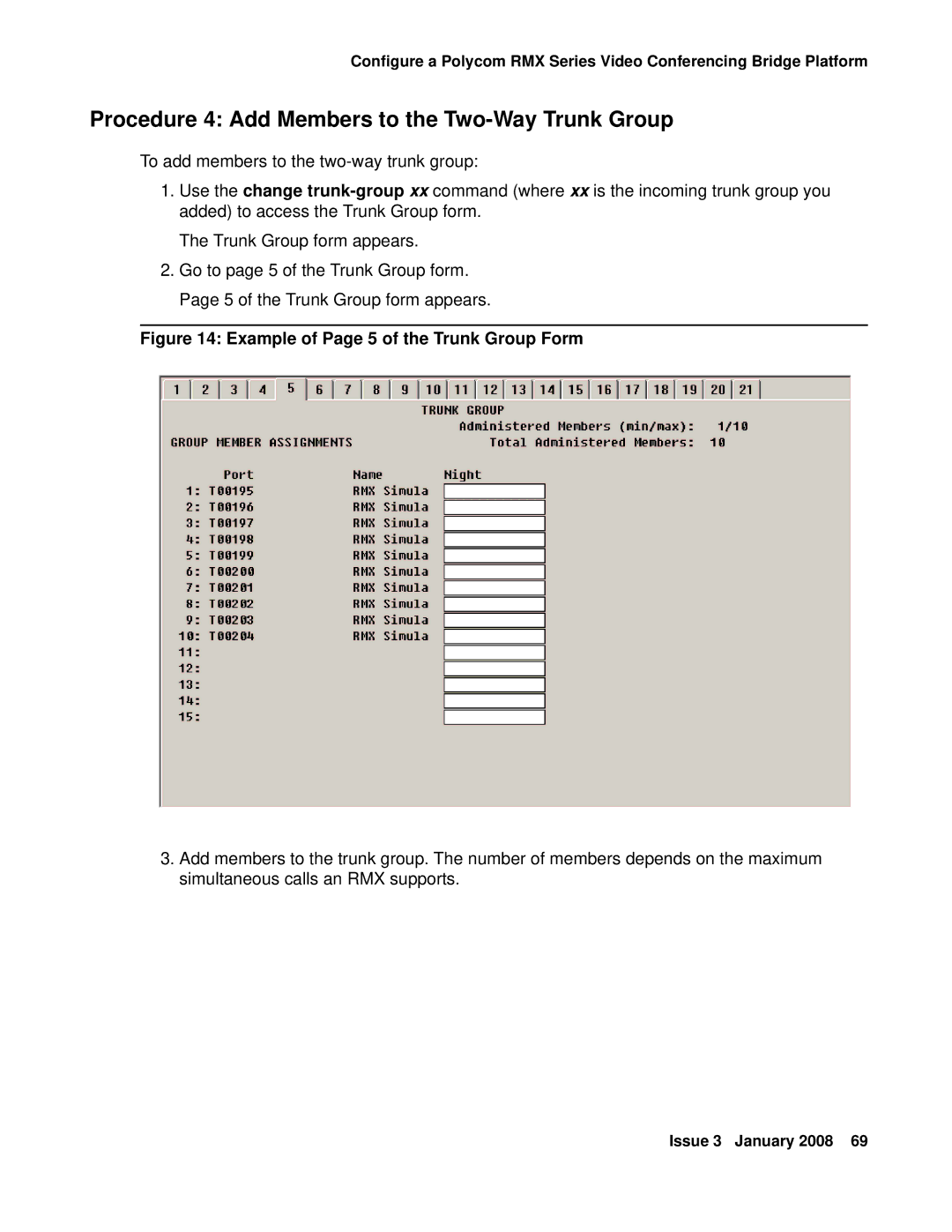 Avaya 16-601423 manual Procedure 4 Add Members to the Two-Way Trunk Group, Example of Page 5 of the Trunk Group Form 