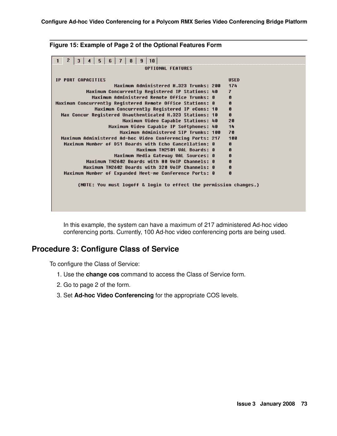 Avaya 16-601423 manual Procedure 3 Configure Class of Service, Example of Page 2 of the Optional Features Form 