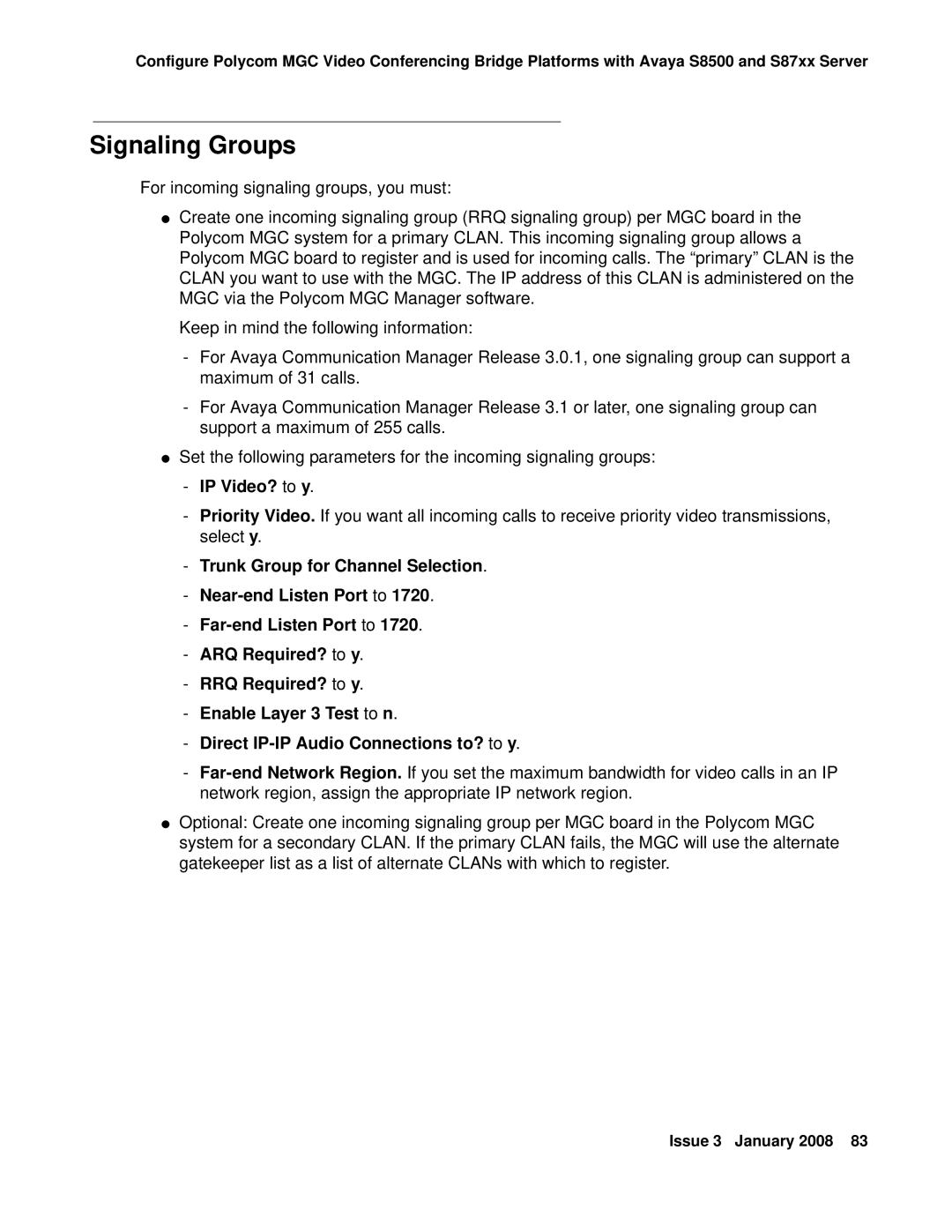 Avaya 16-601423 manual Signaling Groups, IP Video? to y 