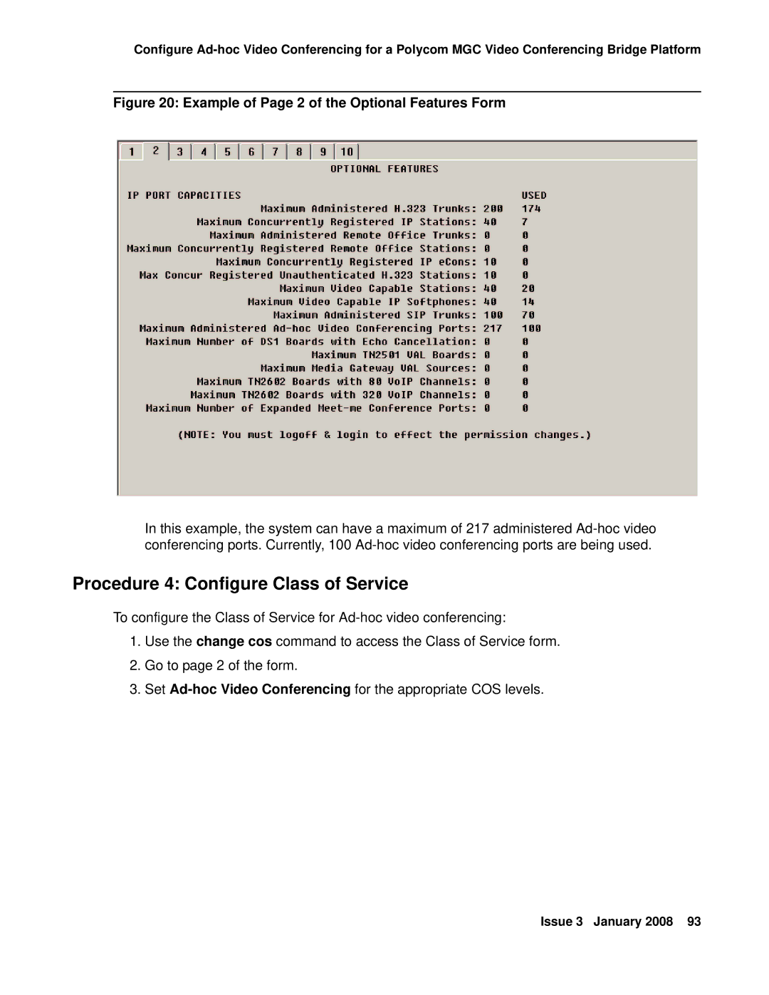 Avaya 16-601423 manual Procedure 4 Configure Class of Service, Example of Page 2 of the Optional Features Form 