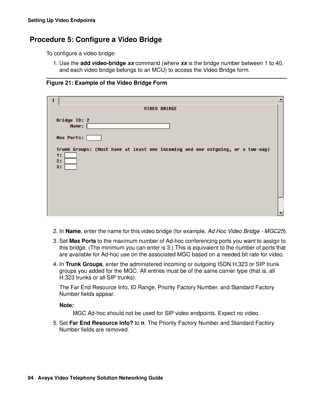 Avaya 16-601423 manual Procedure 5 Configure a Video Bridge, Example of the Video Bridge Form 