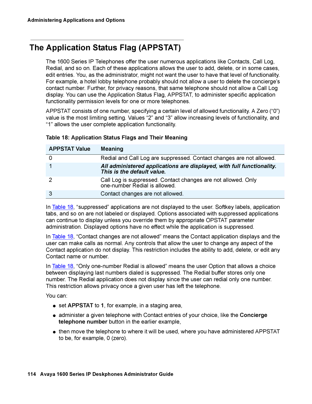 Avaya 16-601443, 1600 Series Application Status Flag Appstat, Application Status Flags and Their Meaning Appstat Value 