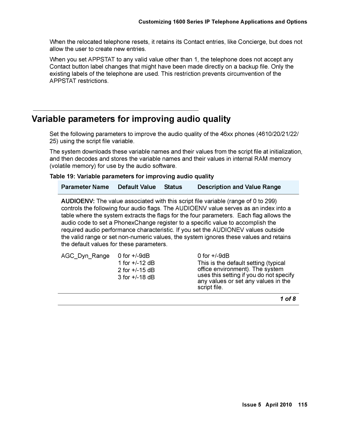 Avaya 1600 Series, 16-601443 manual Variable parameters for improving audio quality 