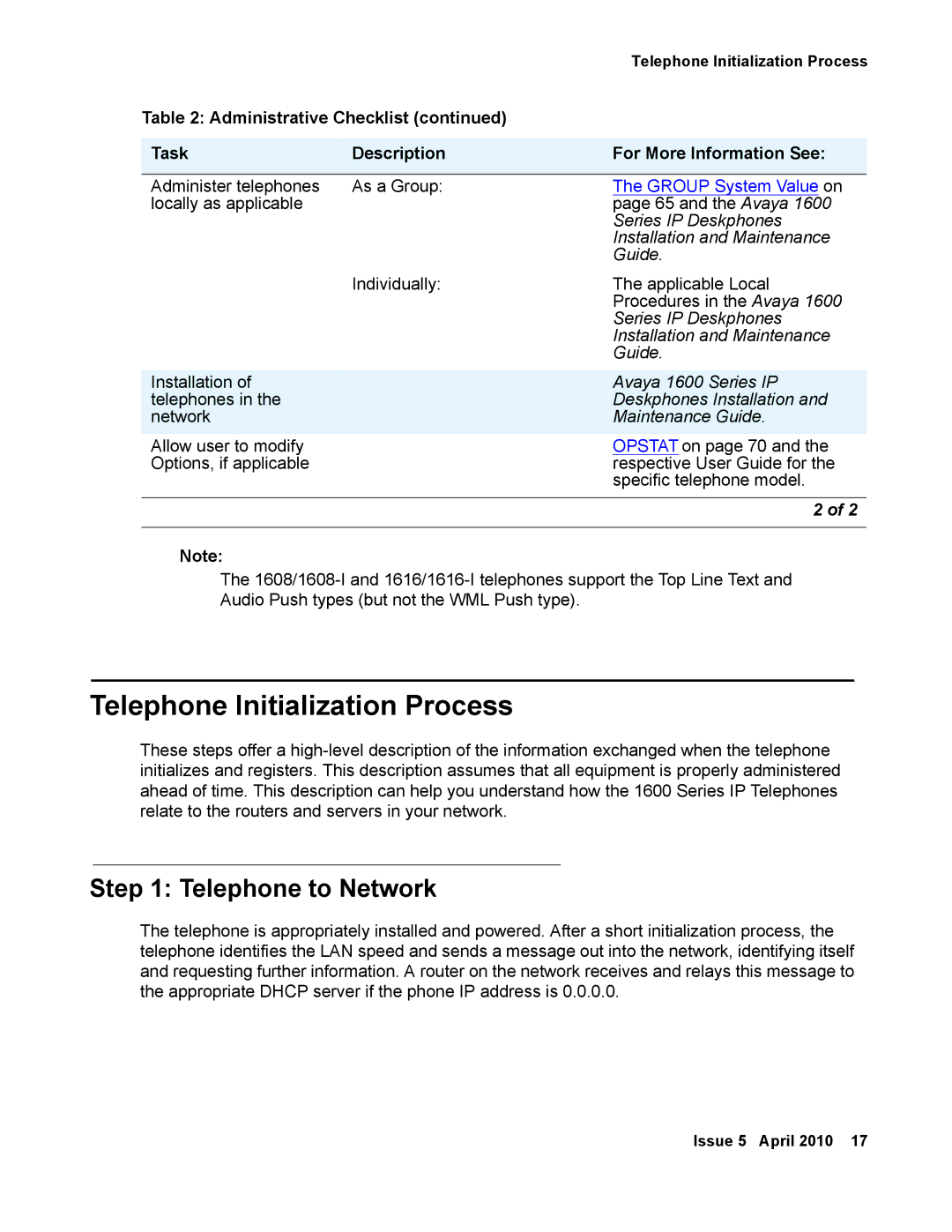 Avaya 1600 Series, 16-601443 manual Telephone Initialization Process, Telephone to Network 