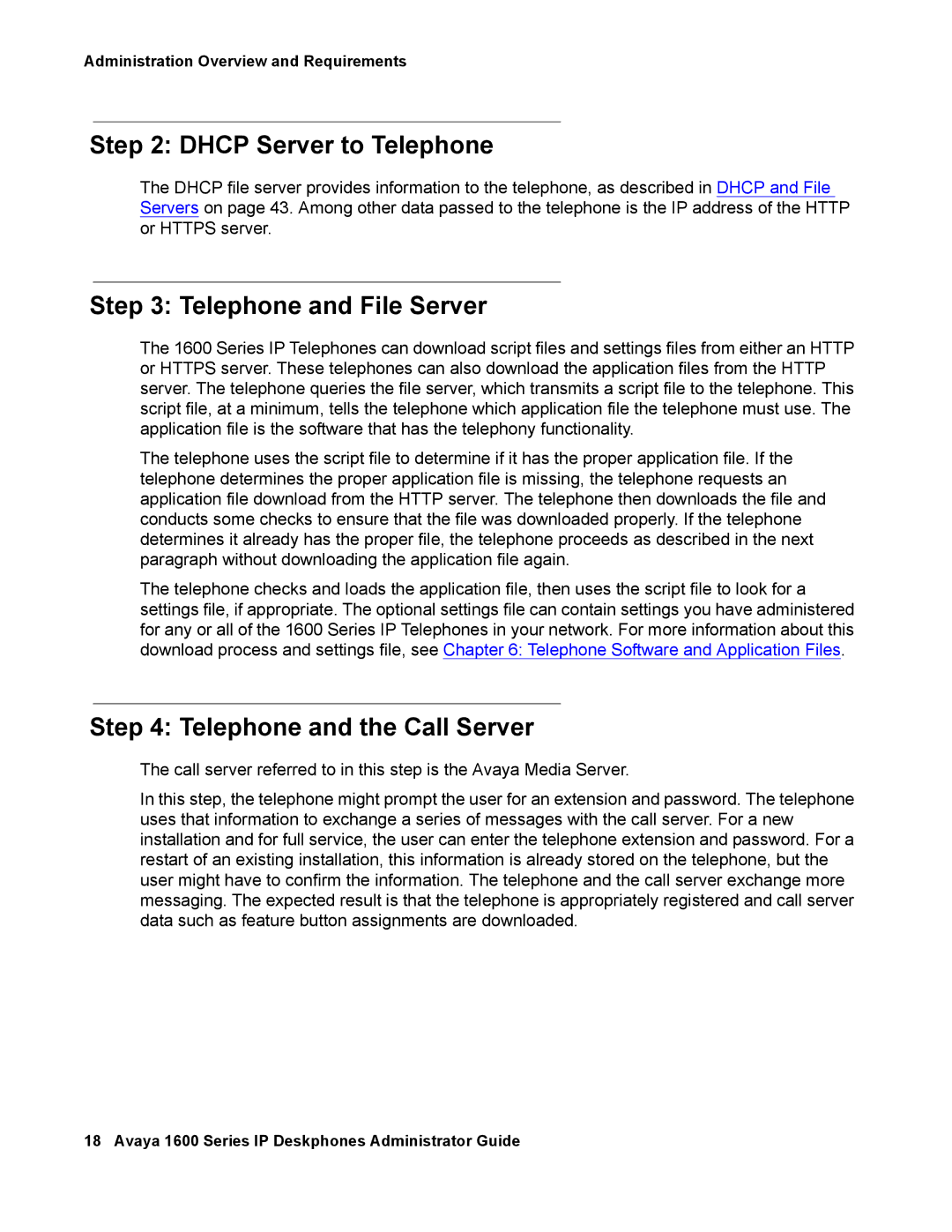 Avaya 16-601443, 1600 Series manual Dhcp Server to Telephone, Telephone and File Server, Telephone and the Call Server 