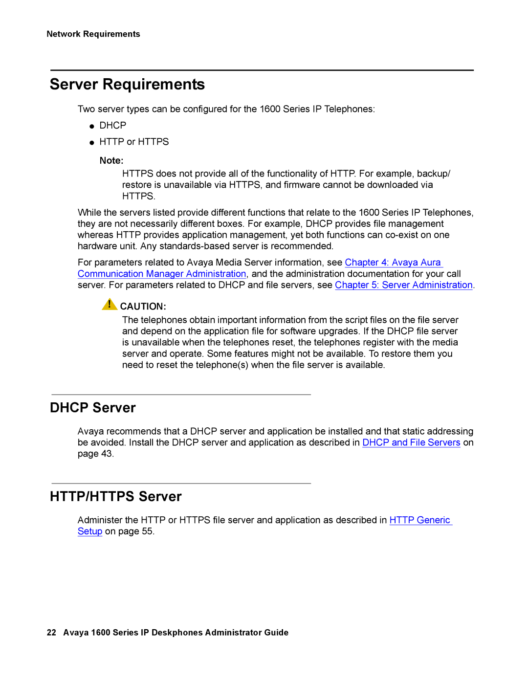 Avaya 16-601443, 1600 Series manual Server Requirements, Dhcp Server, HTTP/HTTPS Server, Https 