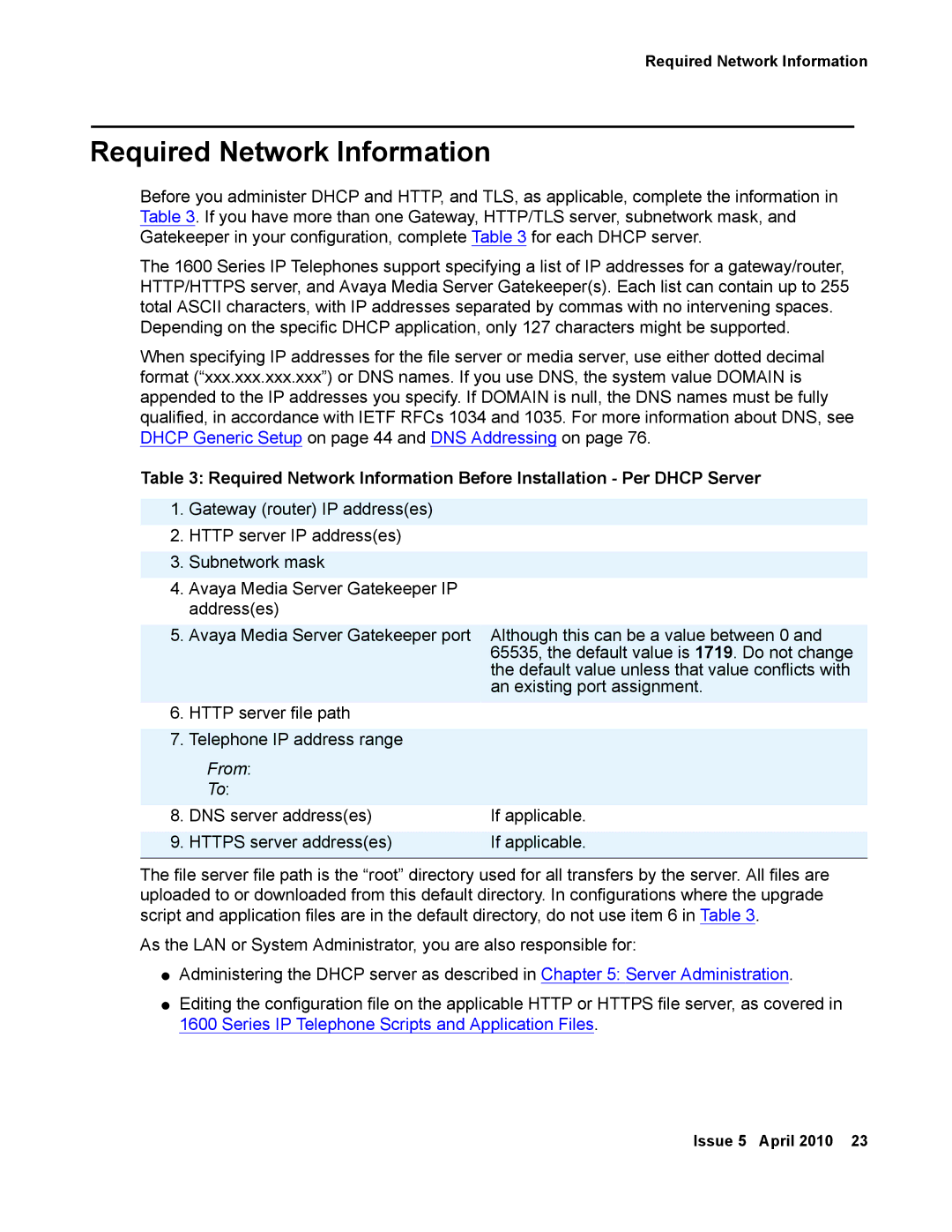 Avaya 1600 Series, 16-601443 manual Required Network Information, From 