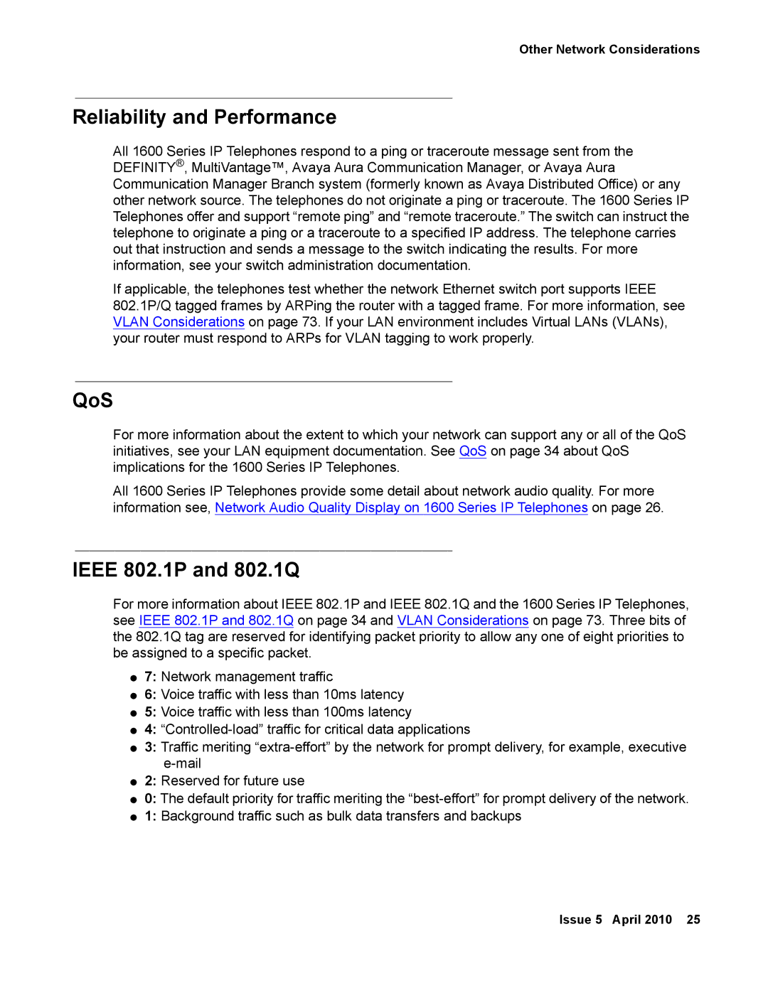 Avaya 1600 Series, 16-601443 manual Reliability and Performance, QoS, Ieee 802.1P and 802.1Q 