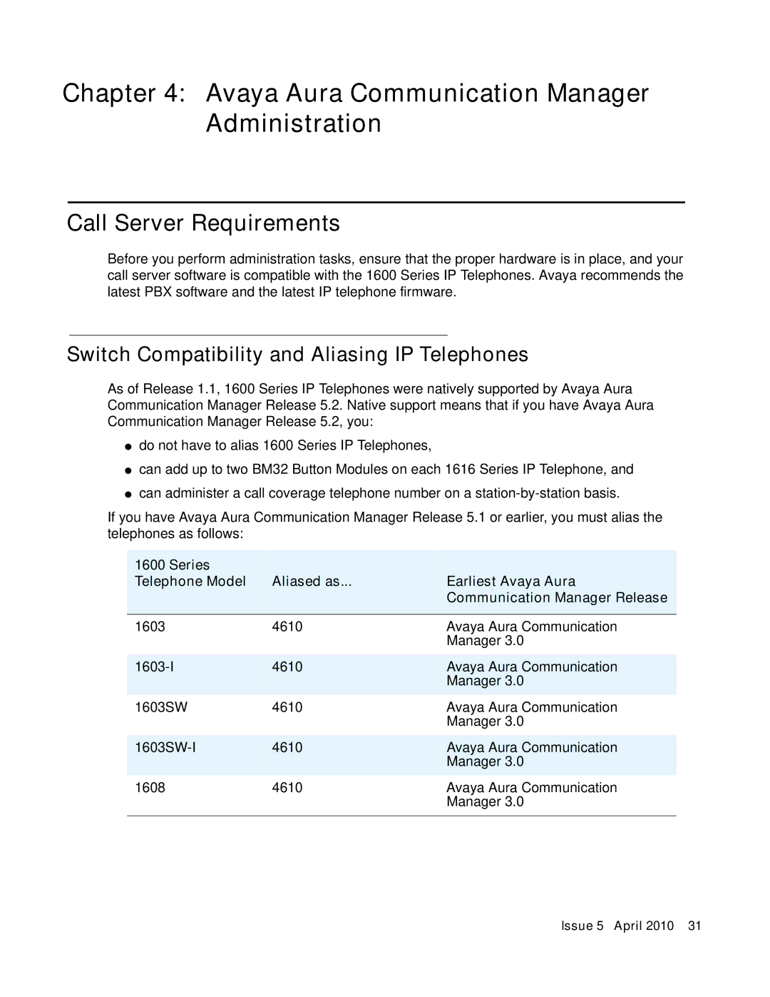 Avaya 1600 Series, 16-601443 manual Avaya Aura Communication Manager Administration, Call Server Requirements 