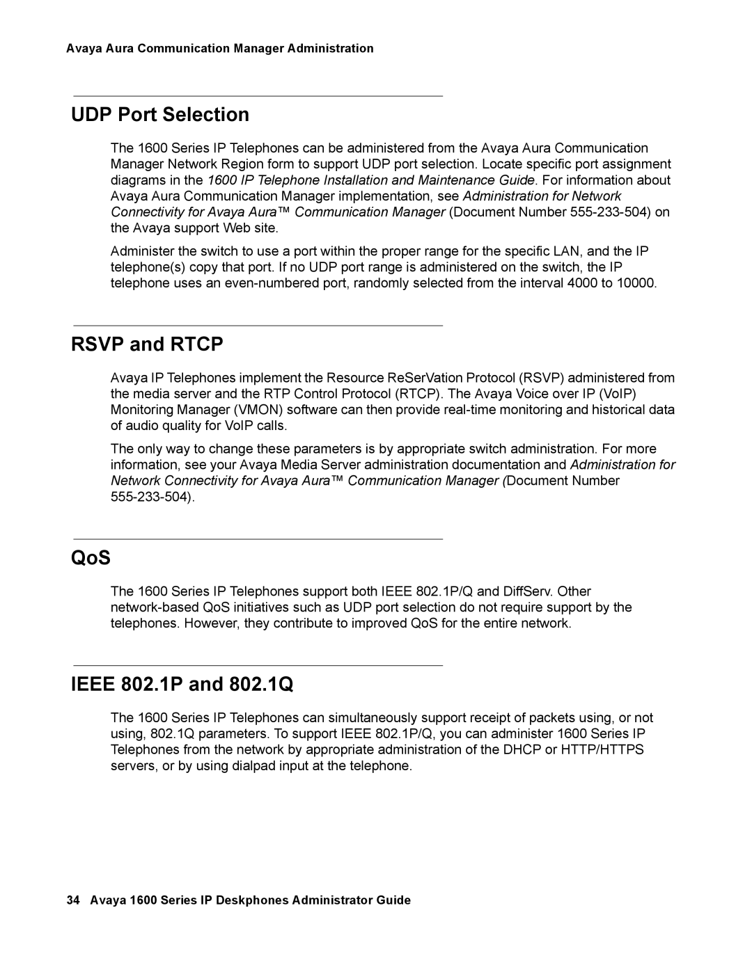 Avaya 16-601443, 1600 Series manual UDP Port Selection, Rsvp and Rtcp 