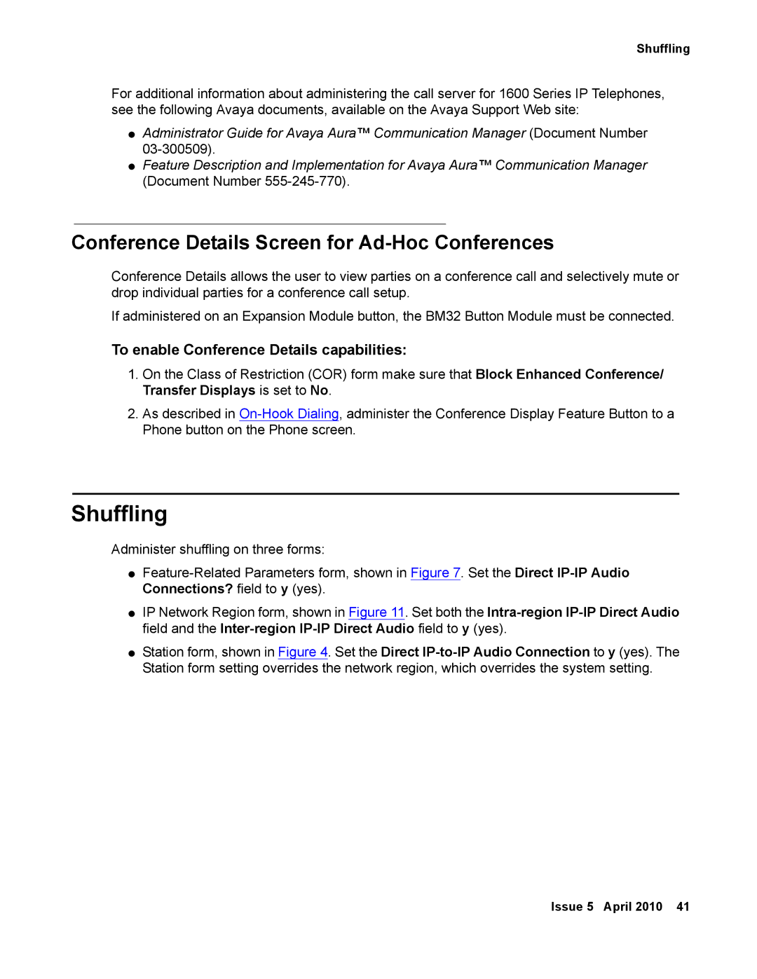 Avaya 1600 Series, 16-601443 manual Shuffling, Conference Details Screen for Ad-Hoc Conferences 