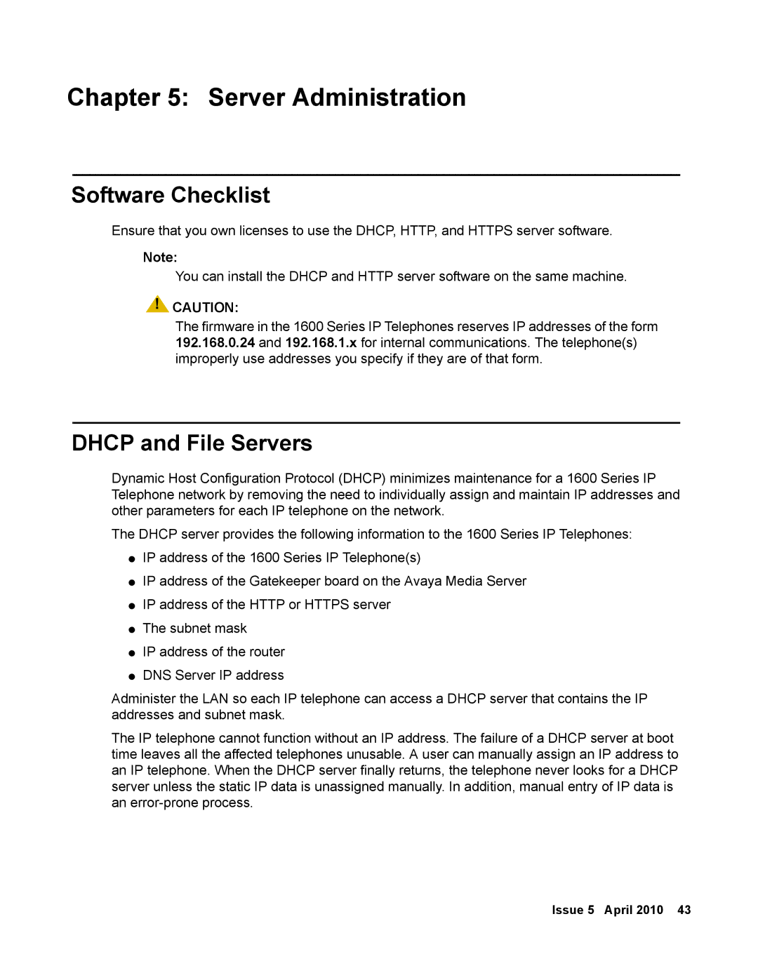 Avaya 1600 Series, 16-601443 manual Server Administration, Software Checklist, Dhcp and File Servers 