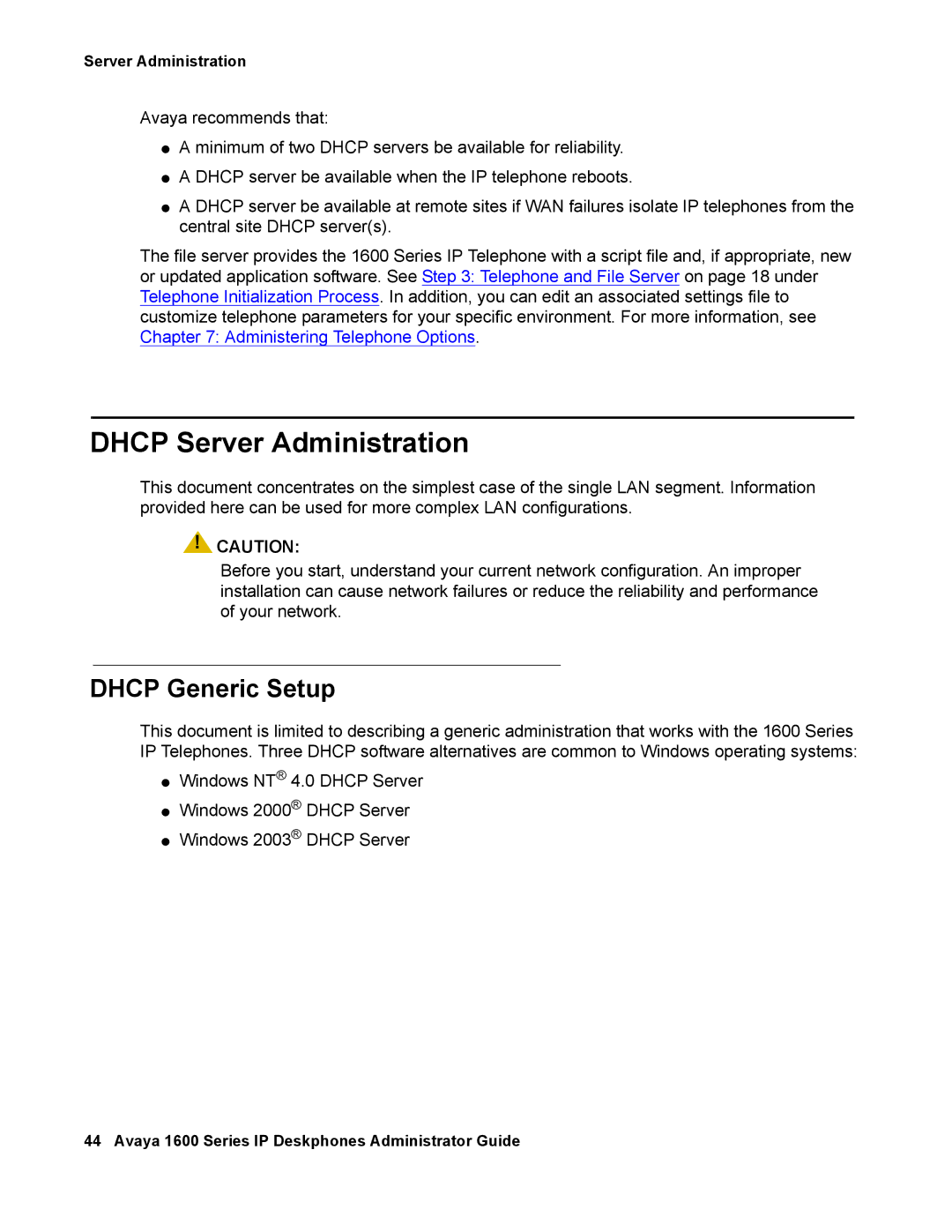 Avaya 16-601443, 1600 Series manual Dhcp Server Administration, Dhcp Generic Setup 