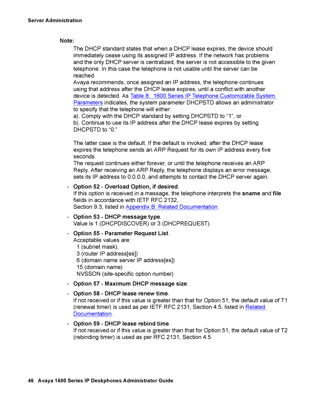 Avaya 16-601443 manual Option 52 Overload Option, if desired, Option 53 Dhcp message type, Option 59 Dhcp lease rebind time 