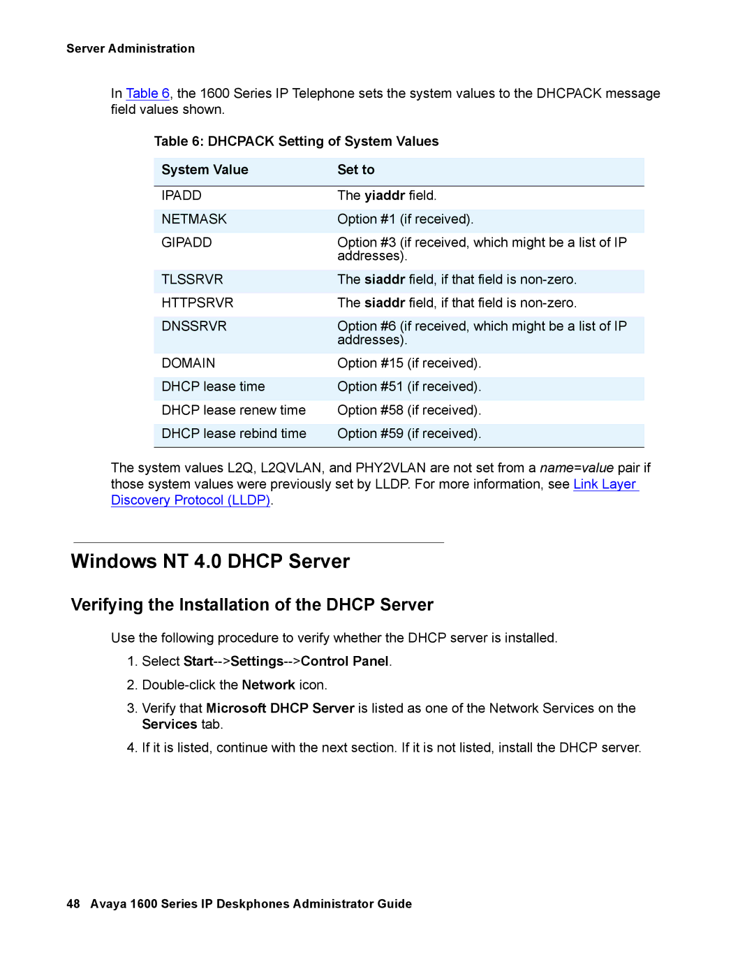 Avaya 16-601443 Windows NT 4.0 Dhcp Server, Dhcpack Setting of System Values Set to, Select Start--Settings--Control Panel 