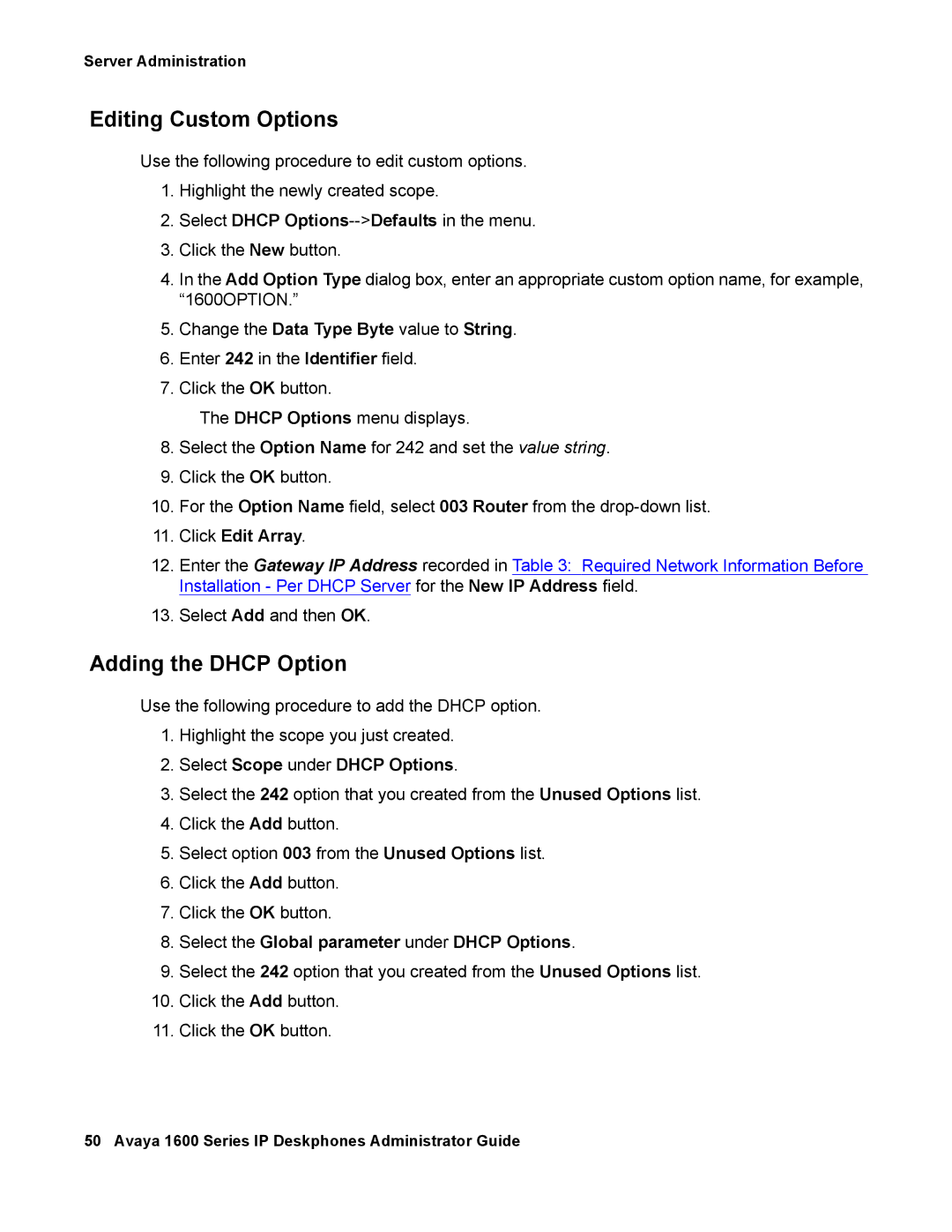 Avaya 16-601443 manual Click Edit Array, Select Scope under Dhcp Options, Select the Global parameter under Dhcp Options 